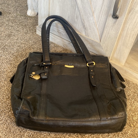 T Tahari Genuine Leather Handbag Purse Satchel Large Tote Black Gold Accents - Picture 5 of 16